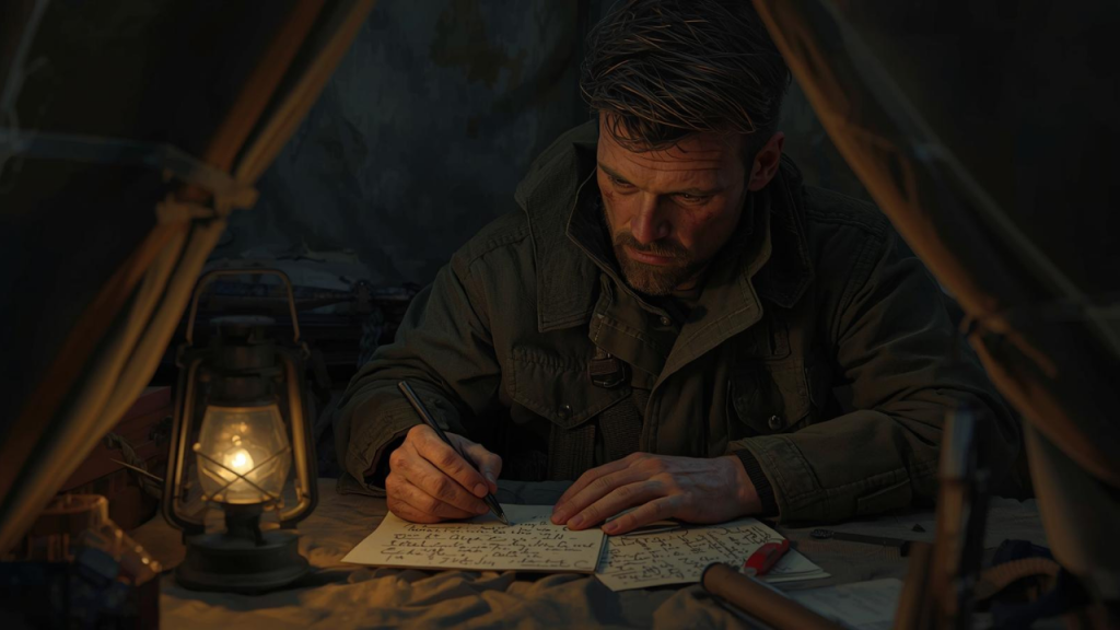 A soldier writing letters home